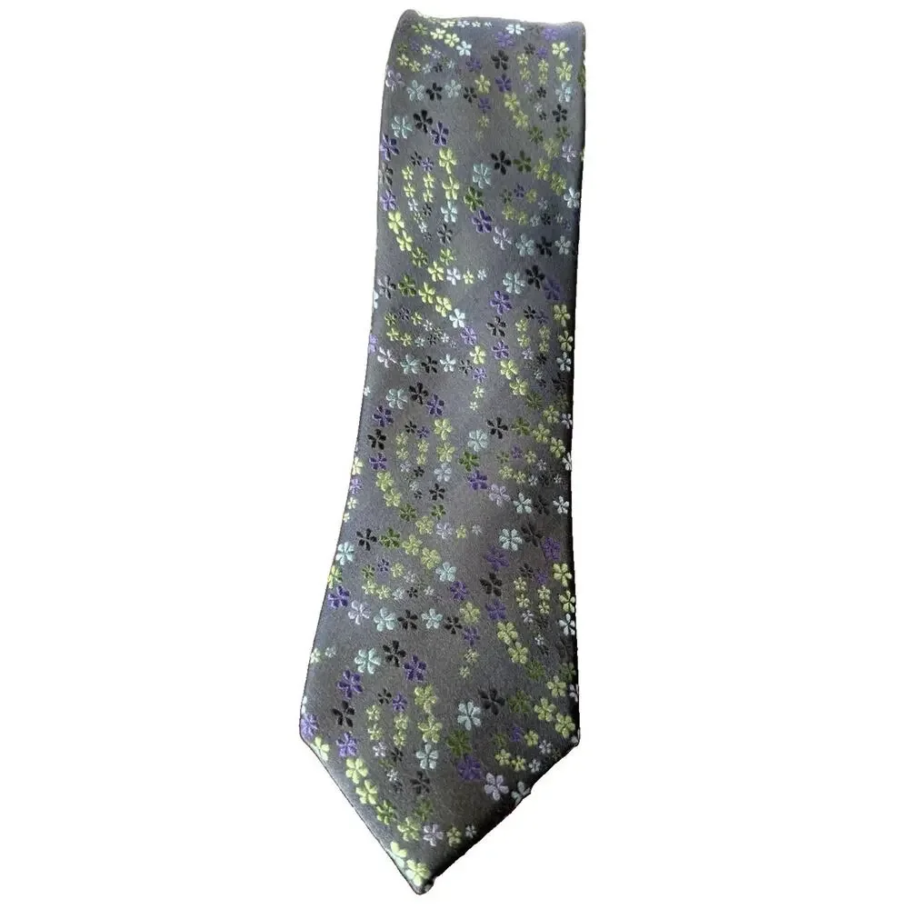 Geoffrey Beene Mens 100% Silk Tie Gray Purple Green Floral Necktie Garden